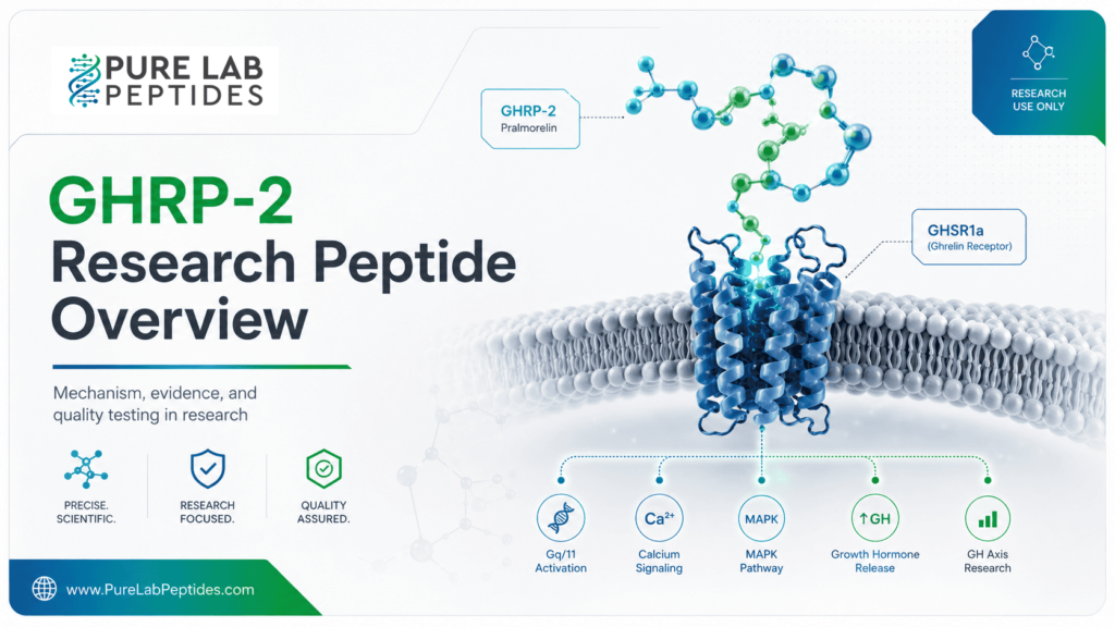 GHRP-2 research graphic showing receptor and pathway context for RUO laboratory research